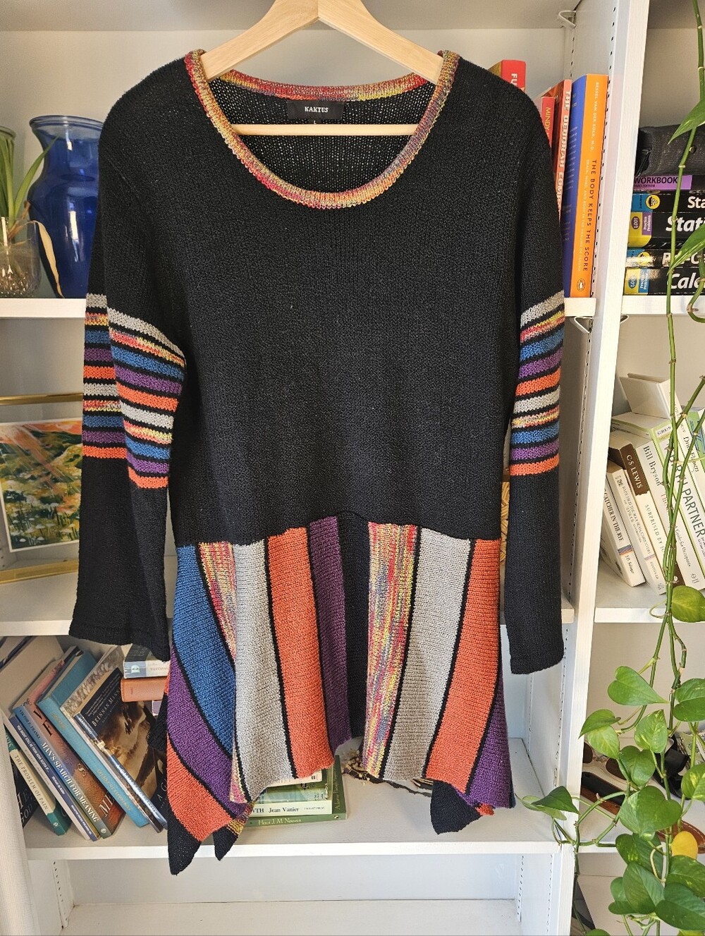 Kaktus Black Knit Sweater Tunic Patchwork Size Large Lagenlook Artsy Boho